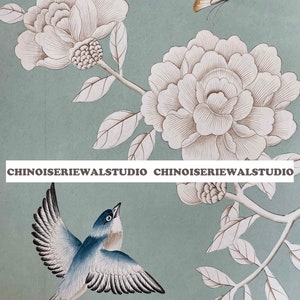 Esempio di carta da parati dipinta a mano Chinoiserie su carta da tè blu 12"x16" - Accetta dimensioni personalizzate
