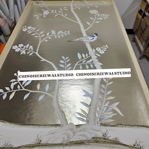 Chinoiserie Panels Hand painted Wallpapers on Champagne Leaf 36&quot;x96&quot;/panel - Accept Custom Sizes