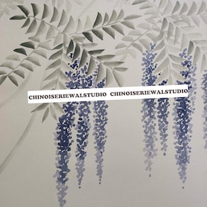 Sample for Blue wisteria Hand Painted Wallpaper on silk 12&quot;x16&quot;