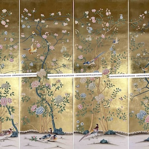 Chinoiserie murals Hand painted Wallpapers on gold metallic 3ft x 8ft/panel - Accept Custom Sizes