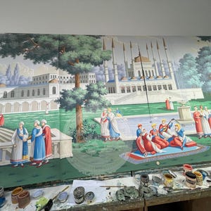 Papel pintado de estilo europeo pintado a mano, mural paisajístico del Grand Tour, escena de palacio y jardín históricos, paneles de pared de lujo personalizados para sala de estar. imagen 4