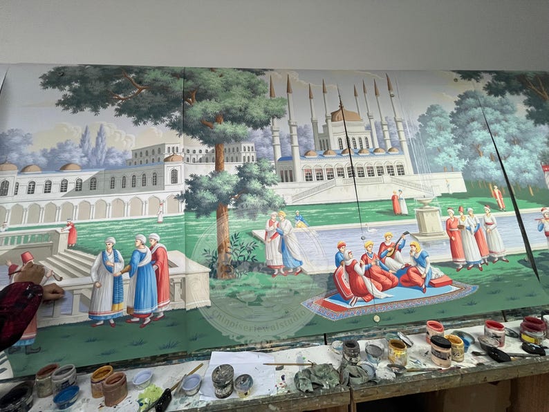 Papel pintado de estilo europeo pintado a mano, mural paisajístico del Grand Tour, escena de palacio y jardín históricos, paneles de pared de lujo personalizados para sala de estar. imagen 4