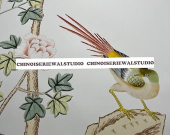 Chinoiserie Panels Hand painted Wallpapers on White Silk | bedroom feature wall covering
