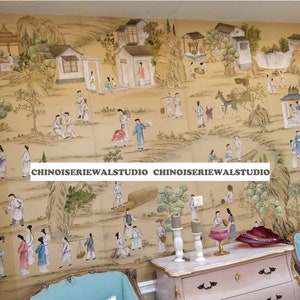 Chinoiserie wallpapers Chinoiserie Panels Hand painted Wallpapers on Silk 36&quot;x79&quot;/panel - Accept Custom Sizes