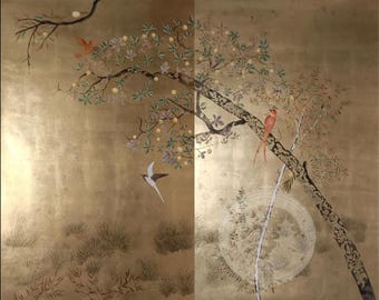 Hand Painted Chinoiserie Wallpaper | Gold Foil Fruit & Bird Mural | Oriental Tree and Swallow Wall Decor