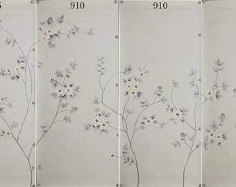 Chinoiserie Hand Painted Wallpaper on Gray Silk 36" X 82.4"/Panel - Price for 4 Panels