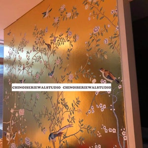 Chinoiserie Panels Handgemalte Wallpapers auf Gold Metallic 36 &quot;x96&quot; / Panel - Akzeptieren Sie benutzerdefinierte Größen