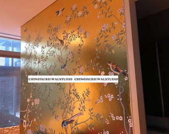 Chinoiserie Panels Hand painted Wallpapers on Gold Metallic 36&quot;x96&quot;/panel - Accept Custom Sizes