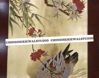 Gold Chinoiserie Panel | Handpainted Flower Bird Wallpaper | Dining room wall art