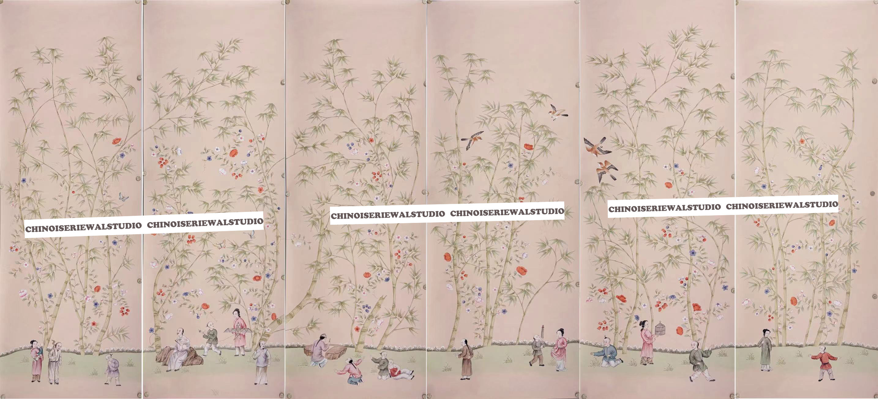 Bamboo Chinoiserie Panel Hand painted Wallpapers on pink silk 36"x96"/panel - Accept Custom Sizes