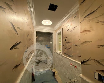 Hand-Painted Koi Fish Wallpaper on Silver Leaf Background | Custom Chinoiserie Fish Wall Mural for Bathroom Room