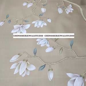magnolia Chinoiserie panel Hand painted Wallpapers on grey Silk - Accept Customize