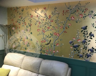 Hand Painted Chinoiserie Wallpaper, Luxury Floral & Bird Mural, Custom Metallic Gold Wall Panels for Living Room, Entryway, Bedroom