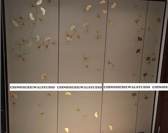 Ginkgo Leaves Wallpapers Hand painted Wallpapers on Grey  Silk - Accept Custom Sizes