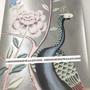 Sample for Peacock Chinoiserie Hand Painted Wallpaper on White Metallic 12&quot;x16&quot; - Accept custom size