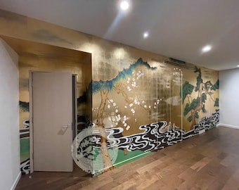 Luxury Gold Foil Hand Painted Chinoiserie Mural, Japanese Style Pine Plum Blossom Gold Leaf Wall Art, Custom Metallic Asian Wallpaper