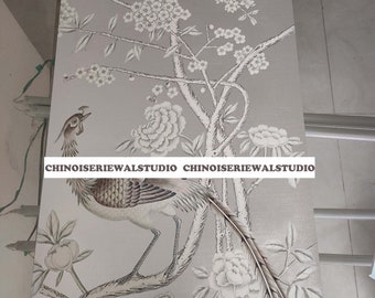 19" x 39" Chinoiserie Wall Art unframed | Chinoiserie Wallpaper Sample: Hand-Painted Silver Metallic Panel