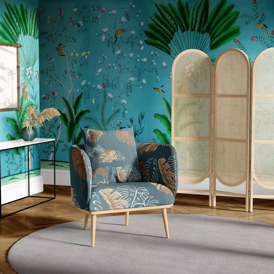 Custom Hand-painted Tropical Turquoise Chinoiserie Wallpaper Panels ...