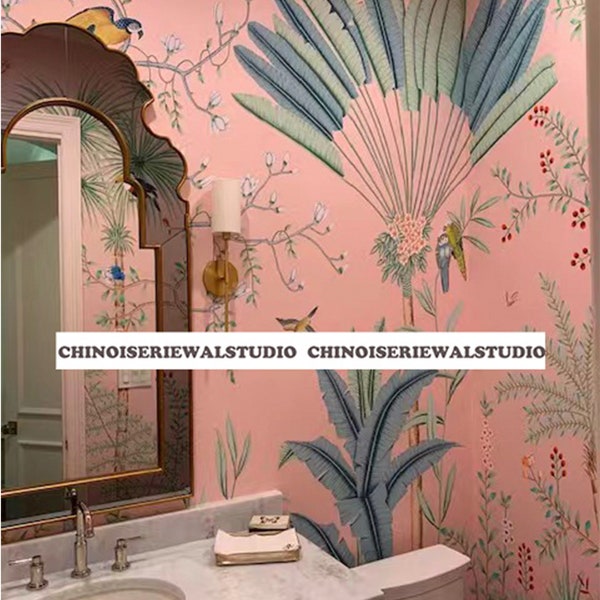 Palm tree Chinoiserie Murals Hand painted Wallpapers on Pink Silk 36"x108"/panel - Accept Custom Sizes