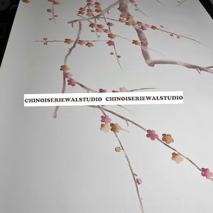 Carta da parati con fiori di prugna, carta da parati dipinta a mano su seta - Accetta dimensioni personalizzate