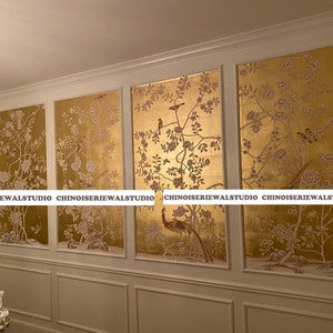 Pannelli Chinoiserie Carta da parati dipinta a mano su foglia d'oro - Accetta dimensioni personalizzate