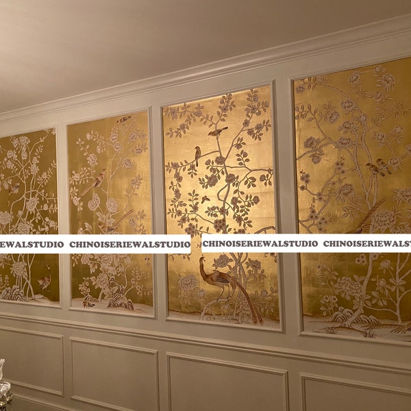 Chinoiserie Panels Hand painted Wallpapers on Gold Leaf 34"x63"/panel - Accept Custom Sizes