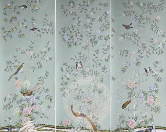Hand Painted Chinoiserie Wallpaper Panels, Sage Green Floral & Bird Mural, Custom Size, Luxury Wall Decor for Living Room/Bedroom