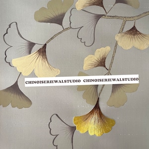 Campione di foglie di Ginkgo Carta da parati dipinta a mano su seta 12"x16" con ricamo - Accetta dimensioni personalizzate