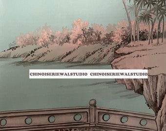 Papel pintado chinoiserie / Panel chinoiserie pintado a mano sobre seda verde de 30x40 cm / Mural chinoiserie