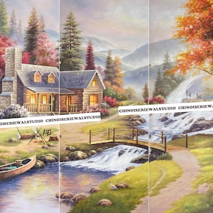 Murales panoramici della foresta, carta da parati dipinta a mano su carta panoramica 36"x96"/pannello - Accetta dimensioni personalizzate