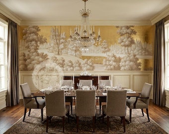 Puede incluir: Un comedor formal con una mesa larga de madera rodeada de seis sillas tapizadas. Una gran lámpara de araña de cristal cuelga sobre la mesa. La pared del fondo muestra un mural de paisaje dorado y blanco, flanqueado por ventanas altas.