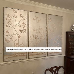 Chinoiserie Panel Carte da parati dipinte a mano su argento metallizzato 26 "x60" / pannello - Accetta dimensioni personalizzate