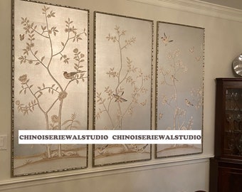 Chinoiserie Panel Hand painted Wallpapers on Silver Metallic 26&quot;x60&quot;/panel - Accept Custom Sizes