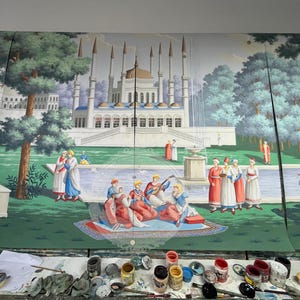Papel pintado de estilo europeo pintado a mano, mural paisajístico del Grand Tour, escena de palacio y jardín históricos, paneles de pared de lujo personalizados para sala de estar. imagen 1