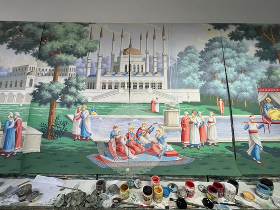Hand Painted European Style Wallpaper, Grand Tour Landscape Mural, Historic Palace & Garden Scene, Custom Luxury Wall Panels for Living Room