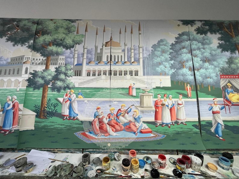 Papel pintado de estilo europeo pintado a mano, mural paisajístico del Grand Tour, escena de palacio y jardín históricos, paneles de pared de lujo personalizados para sala de estar. imagen 1