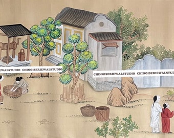 Hand-Painted Chinoiserie Wallpaper on Silk (40"x23.6" Panel)