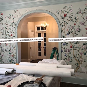 Pannello Chinoiserie Carta da parati dipinta a mano su seta blu - Accetta dimensioni personalizzate