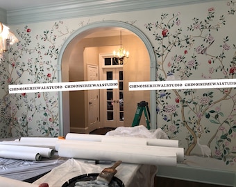 Chinoiserie panel Hand painted Wallpapers on blue Silk - Accept Custom Sizes