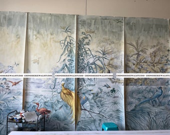 Watercolor panoramic murals Hand painted landscape Wallpapers on scenic paper 36"x96"/panel - Accept Custom Sizes