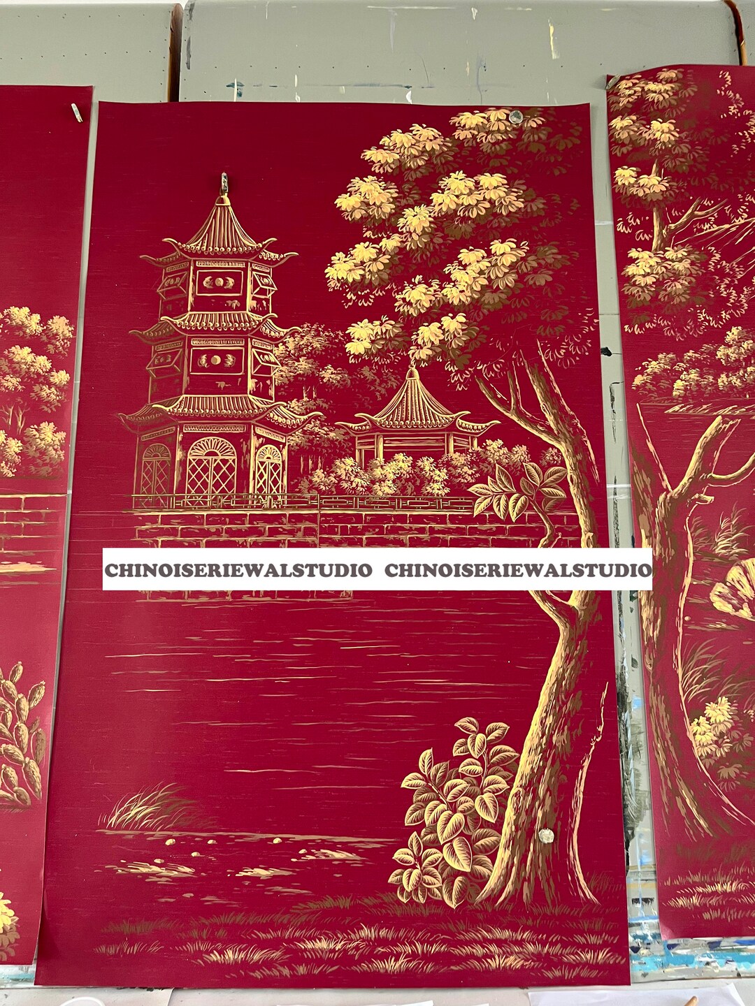 TOP Quality Panoramic Murals Hand Painted Wallpapers on Red Faux Silk
