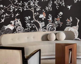 Luxury Hand-Painted Chinoiserie Wallpaper on Black Silk, Dark Oriental Garden Wall Mural, Exotic Bird & Blossom Wall Art, Accept Custom Size