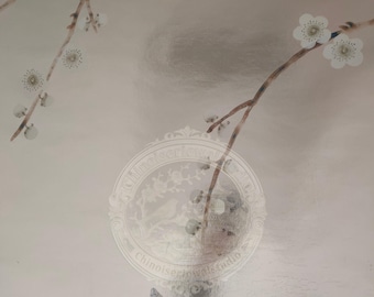 Papel de parede pintado à mão com estampa de flor de ameixa sobre folha de champanhe | Mural de parede luxuoso em estilo Chinoiserie | Revestimento de parede metálico personalizado