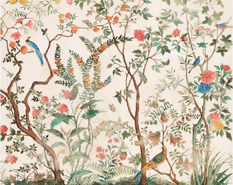 Hand Painted Chinoiserie Silk Wallpaper, Bird & Floral Wall Mural, Luxury Custom Wallcovering, Garden Scene Wallpaper