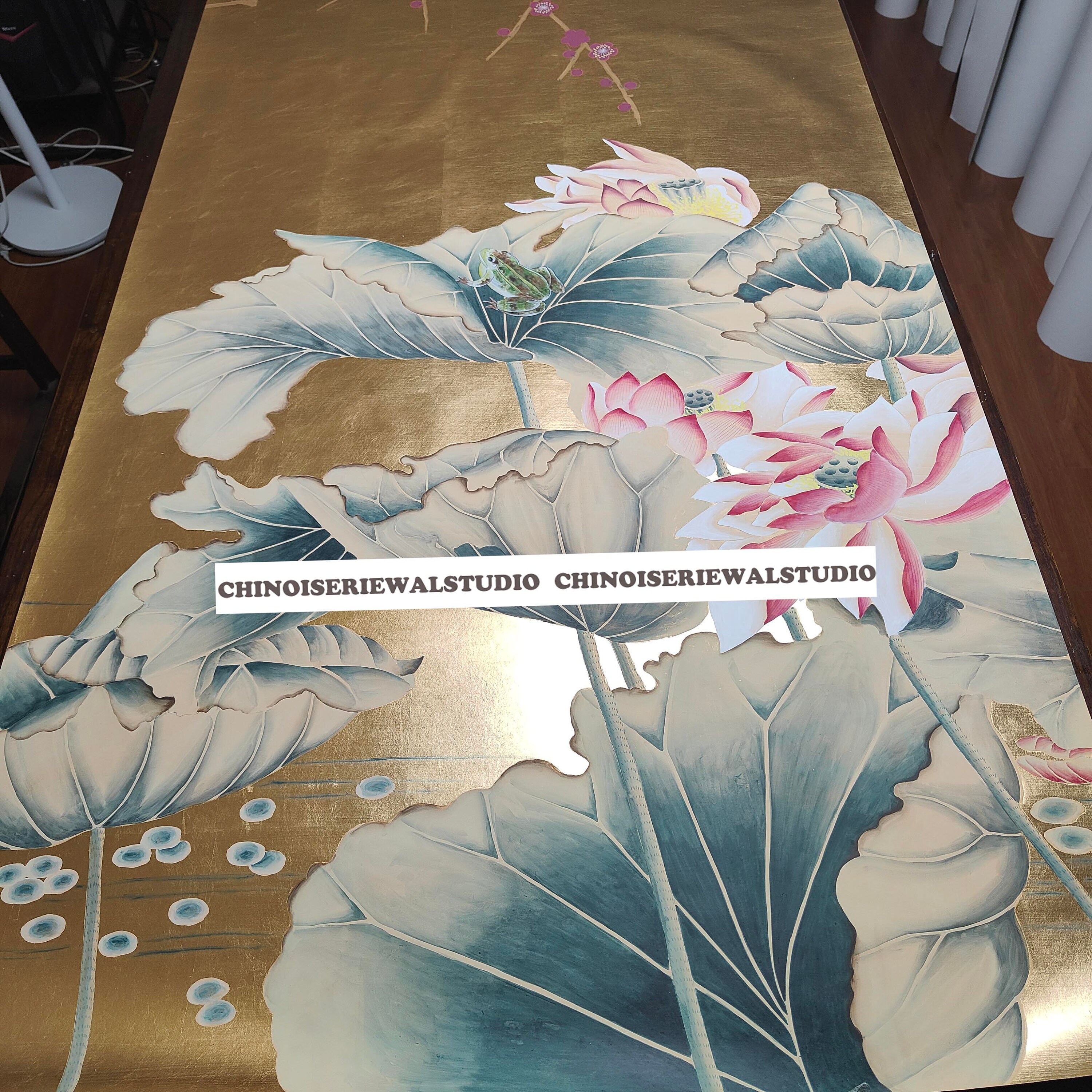 Custom Lotus Wallpaper Panel Hand painted Wallpapers on Gold Metallic 36"x96"/panel - Accept Custom Sizes