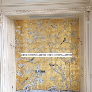 Panel Chinoiserie Fondos de pantalla pintados a mano en oro antiguo metálico 36"x96"/panel - Acepte tamaños personalizados