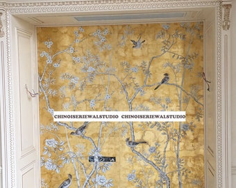 Chinoiserie Panel Hand painted Wallpapers on Antiqued Gold Metallic 36&quot;x96&quot;/panel - Accept Custom Sizes