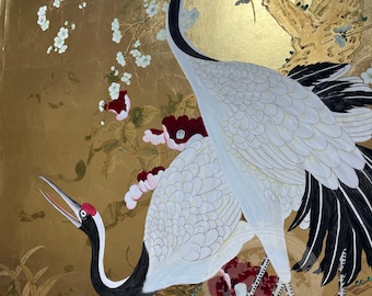 Handgeschilderd goudfolie chinoiserie behang, aangepaste kraanvogels en bloemen bladgoud muurschildering, luxe traditionele Chinese muurkunst
