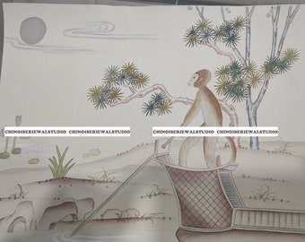 Chinoiserie Wallpaper Sample: Hand-Painted Silk Panel with Monkey Embroidery (12"x16")