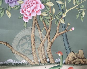 Hand Painted Wallpaper Silk Wall Mural Chinoiserie Birds Floral Custom Luxury Wall Covering for Dining Room Living Room Decor